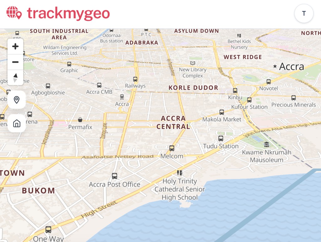 TrackMyGeo map view of Accra, Ghana