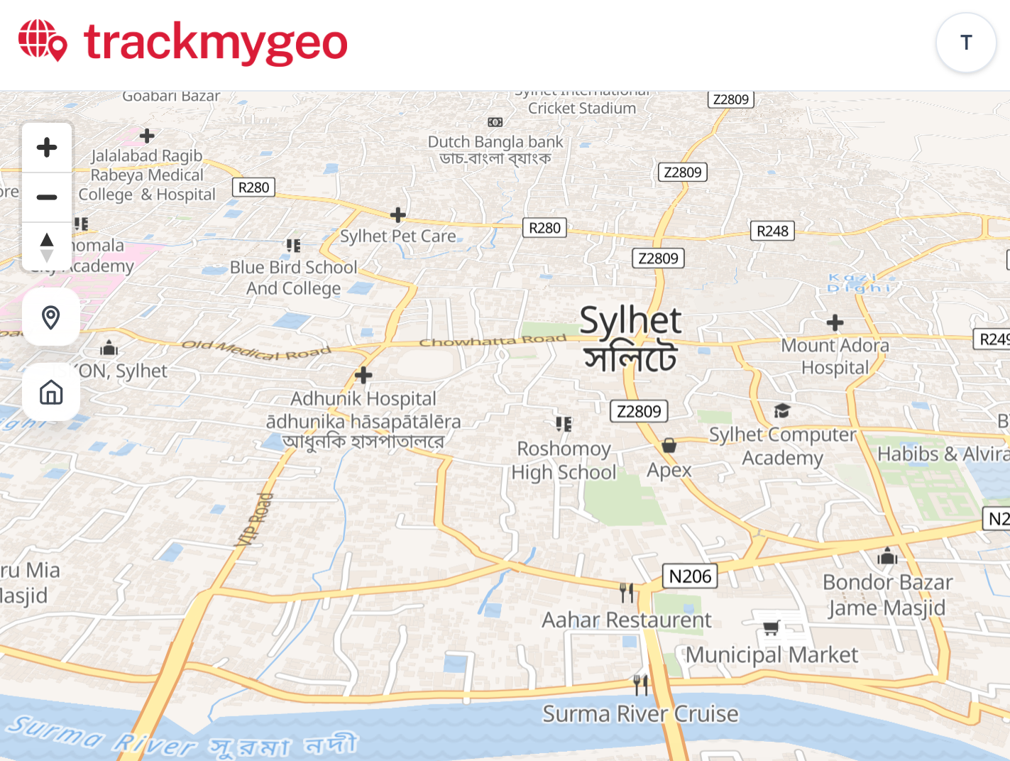 TrackMyGeo map view of Sylhet, Bangladesh