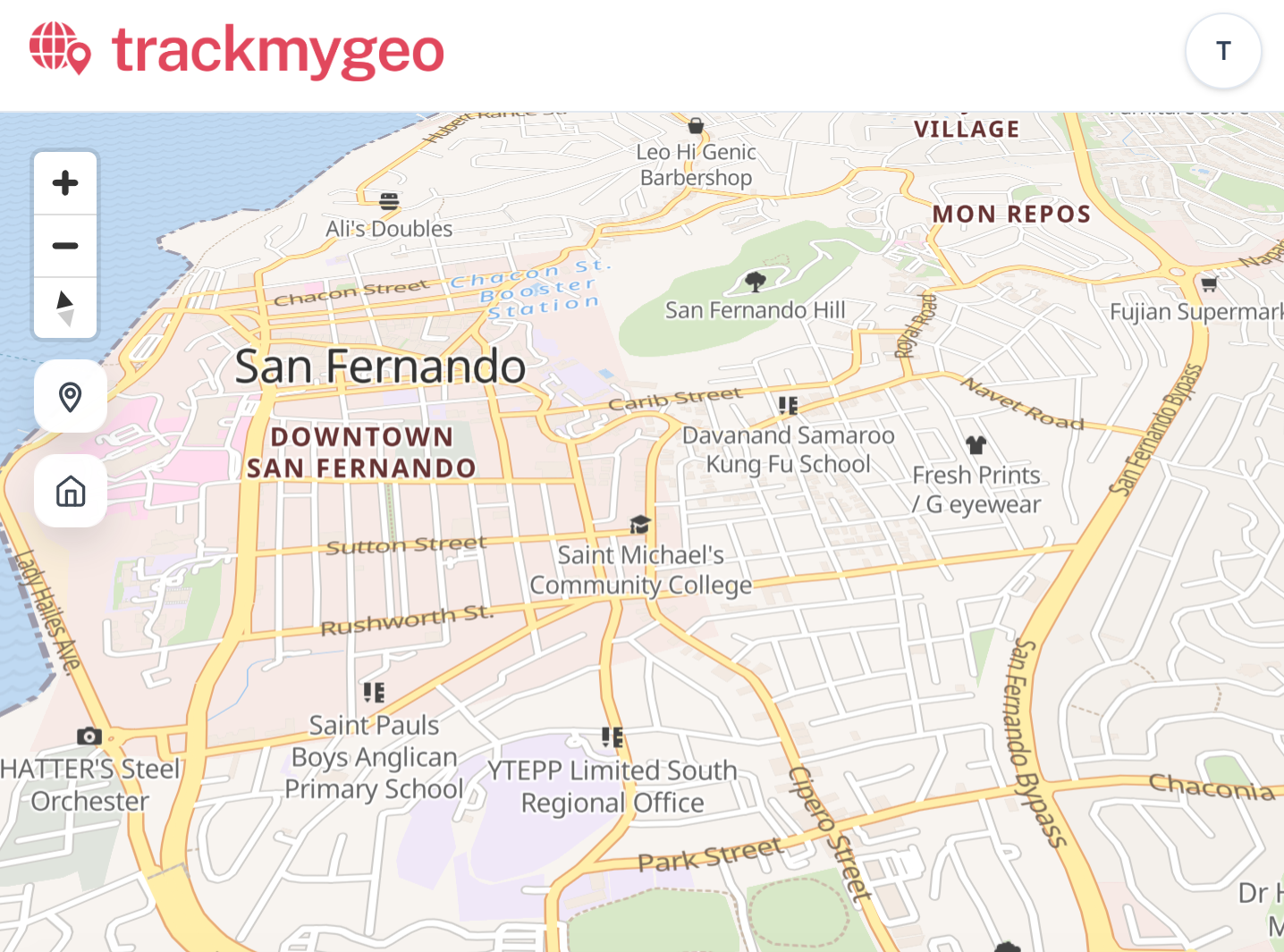 TrackMyGeo map view of San Fernando, Trinidad