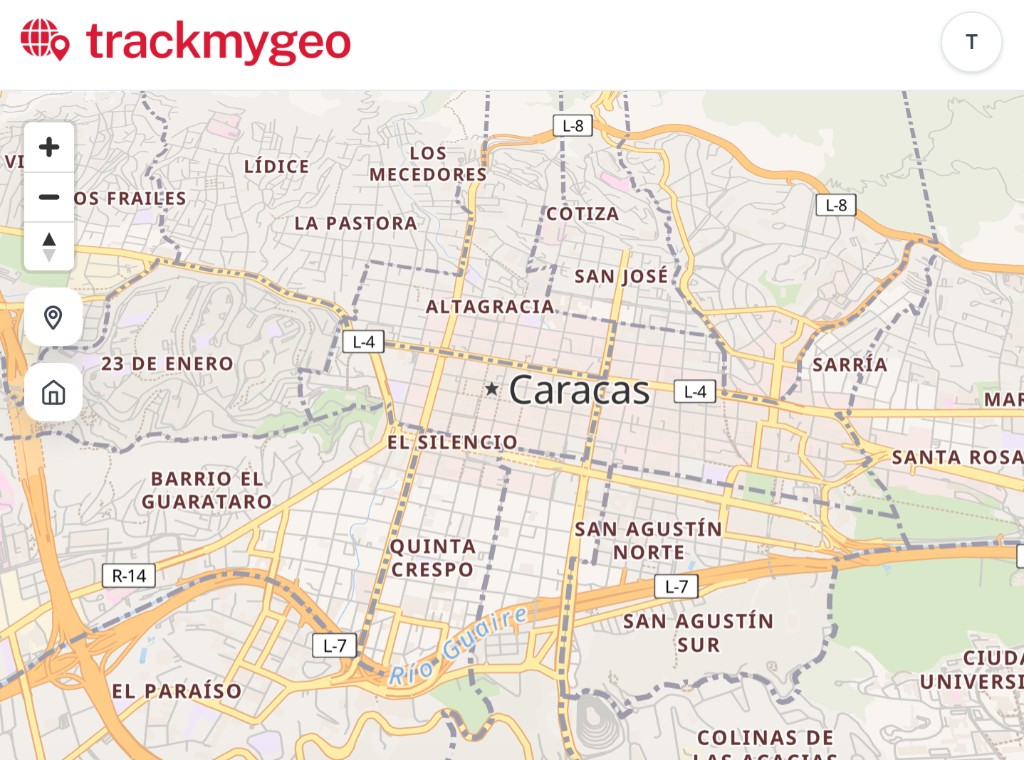 TrackMyGeo live map centred on Caracas, Venezuela