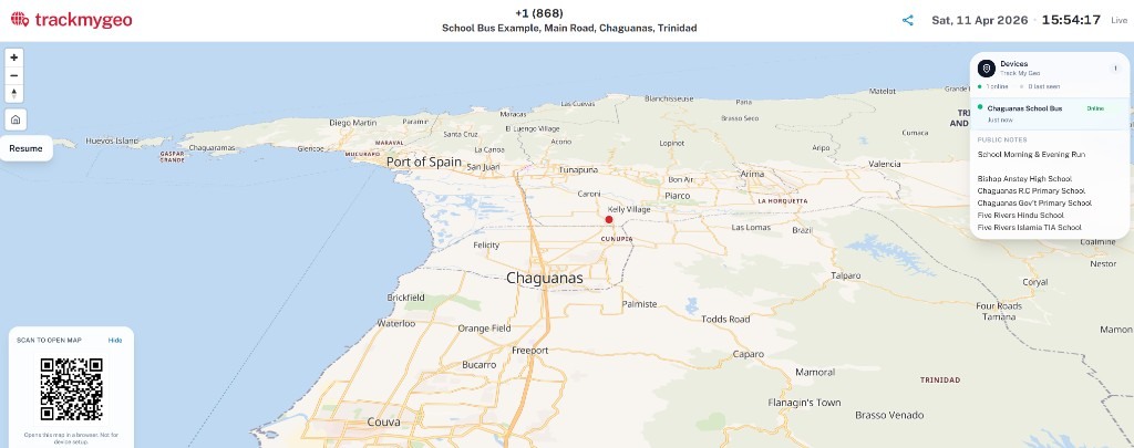 TrackMyGeo public shared live map with school bus near Chaguanas, Trinidad, device list, public notes, and scan-to-open QR code