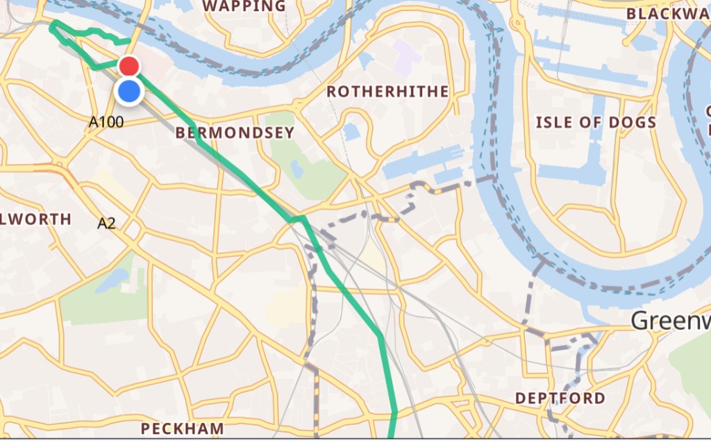 TrackMyGeo trip history map showing a route across London