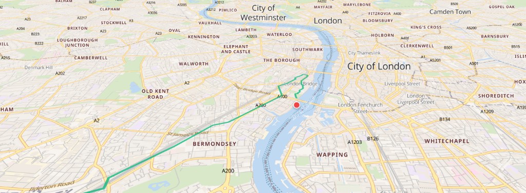 TrackMyGeo trip map with route across central London including the Thames