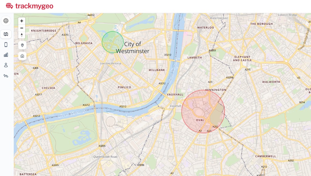 TrackMyGeo map with Geo Zones near the Oval and Buckingham Palace, London