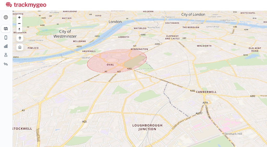 TrackMyGeo map showing circular Geo Zones in central London